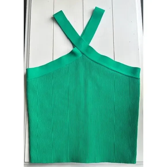 House Of Harlow 1960 Green Crop Ribbed Sculpt Knit Criss Cross Top Large - Picture 2 of 8